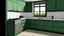 Placeholder: kitchen with celadon and dark green furniture, on the left side by the window from the bottom up, a microwave and an oven installed in the furniture, and on the right side and next to it an induction hob and a cooker hood above it, on the right side there is a sink and a dishwasher underneath it