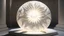 Placeholder: hyper realistic render of a Sun carved out of white marble, sculpture is displayed inside of a big art exhibit