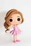 Placeholder: Funko figure of a very young female, smiling, long wavy light brown hair, wearing a ballerina dress, pink dress, ballet, very cute, ballet pose,. typography, 3D render. White background