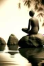 Placeholder: delicate background with spa stones and a bamboo stem, on a blurred background a silhouette of a girl sits on the stones, photorealistic photo