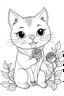 Placeholder: Coloring page for kids with a cute kawaii cat smelling a rose flower, black lines and white background