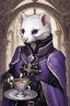 Placeholder: (anthropomorphic white ferret),dressed in ((cleric fantasy)) black and purple clothes with silver holy ornaments, realistic anatomy, fantasy tavern on background, mage and holy symbols around, serious face, hold cup of coffe, tired face, in the style of LOISH, look at the vivewer, blue eyes, cute face