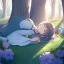 Placeholder: anime girl sleeping in a far away distance. field of flowers. trees are in the distance. girl is sleeping underneath a willow tree in the distance