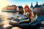 Placeholder: A beautiful and cute little mermaid sits on a rock in Copenhagen, in the water, her fins metallically shimmering and covered with precious stones, with the buildings of Copenhagen in the background in the sunlight