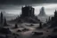 Placeholder: dark creepy fantasy mausoleum ruins in the distance on top of a very large barren rocky hill with black obsidian pillars