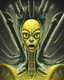 Placeholder: Distorted large yellow insectoid alien black eyes, in a mall, sci-fi art, graphic design, digital illustrated scene, alien art, high strangeness, absurdist, cartoonists