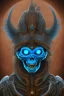 Placeholder: blue alien, head, evil, red eyes, weapons, blood, 8k, finely detailed, photo realistic, HR Giger style turquoise skull head gold dragon Mexican alien moon skeleton sombrero hat Black background