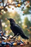 Placeholder: crow dropping garbage from tree tops laughing,bokeh like f/0.8, tilt-shift lens 8k, high detail, smooth render, down-light, unreal engine, prize winning