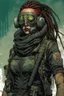 Placeholder: front facing full length portrait illustration of a grunge armored female with beaded dreadlock hair cyberpunk vampire mercenary with gas mask, telecommunications headset, and shemagh, highly detailed with gritty post apocalyptic textures, toxic irradiated landscape, finely detailed facial features and hair, in the graphic novel style of Bill Sienkiewicz,