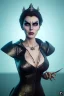 Placeholder: Lene Nystrøm as evil queen in black leather, busty, cleavage, voluptuous, Aqua Lene, angry, stern look. character design by cory loftis, fenghua zhong, ryohei hase, ismail inceoglu and ruan jia. unreal engine 5, artistic lighting, highly detailed, photorealistic, fantasy