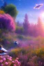 Placeholder: digital illustration, a world full of life divine thrill of biological tranquil sky, flowers, spaceship, , bright color splashes, high detailed 8 k