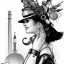 Placeholder: great illustrator, spanish, pencil sketch of a cute girl, beautiful, steampunk syle, black and white. Helmet with tubes. glasses, venetian carnival. Machinery in the background. robotic birds flying. High details.