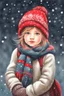 Placeholder: Masterpiece, best quality, oil pastel painting style, drawing of a cute girl with a red hat and scarf, snow falling in the background, shining night