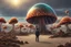 Placeholder: Standing on a beach of an alien world, watching mushrooms with jellyfish tentacles in the sky, photorealistic, Deep Colour, Fantastical, Intricate Detail, sunshine