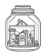 Placeholder: little house life in jar minimalistic, line art, background, vector, svg, coloring book page style, black outline on white background