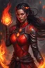 Placeholder: Capture the fierce essence of a female Paladin Druid, her eyes resembling fiery orbs, shining with a bright and intense red glow as she adeptly conjures flames with her hands. Bright black, half-braided hair appears to dance like flames when moved, radiating an ethereal fire. Clad in lightweight magical armor, she forgoes heavy protection, relying on her mastery of magic and fire. A prominent scar on her face tells tales of battles faced and conquered, all against the canvas of her tanned skin