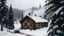 Placeholder: A small isolated log cabin nestled in a snowy forest clearing with smoke coming from the chimney