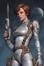 Placeholder: A young space warrior woman with freckles and short brown hair, wearing a silver jumpsuit and holding a pair of energy pistols