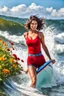 Placeholder: beautiful girl supper model, in nice red top ,blue short pants, with curvy hair,perfect face,perfect eyes,Surfing in huge wave,water with splash,country side wavy narrow river ,wild flowers ,blue sky nice clouds