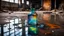 Placeholder: a crude empty angular glass bottle inside a puddle of (iridescent oil:1.7) on the floor of an abandoned factory workshop, side view, ink and acrylic, heavy industrial vibe, rusty backdrops