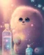 Placeholder: sweet cute fuzzy soft and fluffy hairy monster with big sparkly eyes in the room with thermometer. He is sick and has temperature. Baby pastel colours. Flowers and bubbles in background. Sparkles, sun and fireflies around. Bottles of medicines. Pills.