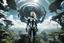 Placeholder: Wide angle photo of a slim sci-fi woman with blond hair, wearing a silver and black futuristic spacesuit looking android-like, standing on a alien cloud tree jungle planet