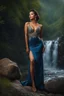 Placeholder: full shot body photo of the most beautiful artwork in the world featuring model, happy mood, High Detail, dramatic, photo realistic, ultra sharp, ultra hd, hyper realistic, ultra realistic, ((((dress)))), trending on artstation, sharp focus, studio photo, intricate details, highly detailed, standing in nice pose in country side with river ,water fall ,rocky vally