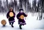 Placeholder: Northern Native man. Two haunted kid running in the background, indigenous, birch-bark face-cover, Kekripukki, carrying drums made of birch-park, Scary Horns, Midwinter, Ghost, Mystic, Haunted Children, The children are dead, Witch, Wizard, Sage, Traditional Costumes, Full Face Painted with purple and green. Arctic Hills, Strange trees, Haunting Atmosphere, Crazy, North-Carelia, Karelia, Karjala, Karjalainen, traditional Carelian costumes, black tears,