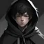Placeholder: Realistic animated boy with white skin, short and messy hair that is black with white streaks through it, wearing black cloak dnd