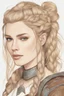 Placeholder: A drawing of beautiful woman with blond hair, viking braids, undercut. Brown leather armor.