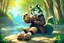 Placeholder: Girl, green hair, raccoon tail, raccoon paws in hand, raccoon paws in foot, forest, river, sit on tree, coat on neck, with tongue out, big tail, furry