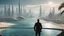 Placeholder: man overlooking a futuristic sci-fi city following the long curve of a long sandy bay with futuristic piers stretching out into the water