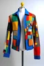 Placeholder: modern looking upcycled jacket on a white mannequin, bright colors