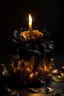 Placeholder: magic vintage candle made of whirlwinds, golden black, close-up, petals, realistic, botanical