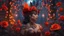 Placeholder: magical bird woman hybrid creature with feather headpiece in red orange rose forest, trees, roses, fairy lights, night, 8k, high quality, trending art, trending on artstation, sharp focus, studio photo, intricate details, highly detailed, by greg rutkowski