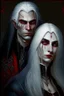 Placeholder: A couple, from the dnd game curse of Strahd. The woman has long white hair and blue eyes, the man has LONG BLACK hair and red eyes, no facial hair.