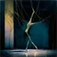 Placeholder: Minimal abstract oil painting of a dancer twisted limbs sinew. Amongst concrete fragments brutalist architecture and hanging wires illuminated at night. In the style of Justin Mortimer and Francis bacon