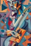 Placeholder: A captivating, cubist-inspired portrait of a musician playing their instrument, using fragmented shapes, lines, and a harmonious color palette to deconstruct the subject's features and express the rhythm and emotion of their music.