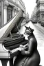 Placeholder: One single mature cat lady playing piano on the street, Vienna, friendly, model style, hyper realistic, extremely accurate, delicate, extremely detailed, Graphic novel style, wide-angle, open aperture, superfine pencil