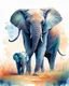 Placeholder: a large female elephant and her cuddling calf walking across a grass covered field, front view, low angle, strolling dynamics, perfect anatomy, slow-mo running in savanna, Africa, watercolor, tint leak, hazy, colors of blue, indigo, teal and orange