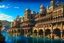 Placeholder: medieval buildings with balconies overhanging lake edge with blue sky and people, photorealism detailed matte painting, deep colour, fantastical, intricate detail, splash screen, concept art