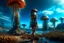 Placeholder: woman in a tight suit, on the shores of an alien world, with mushrooms, with jellyfish tentacles floating in the air, photorealistic, Detailed Matte Painting, Deep Colour, Fantastical, Intricate Detail, sunshine, blue sky