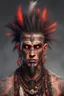 Placeholder: fantasy character, human shaman, male, late twenties, lots of face piercings, ear plugs piercings, face markings, tribal tattoes, short mohawk hair, fire-red eyes, digital art