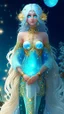 Placeholder: A beautiful girl with glowing starry eyes. And with turquoise hair decorated. And full body. Holds 10 glowing glass beads with a moon inside .girl void. full body Glowing golden eyes and white hair. Standing on a land of water embellished with sapphires and ornate trees. And beautiful buildings. And a sky full of star