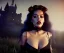 Placeholder: Rita ora, 1800s, vampire, fangs, long curly black hair, choker, black rose, Victorian dress, headdress, castle