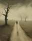 Placeholder: A man, a teacher, walks away through a barren, dry field along a dusty road. The scene is enveloped in mist and fog, with leafless trees lining the path. The sky is ominously dark from an approaching storm. The composition is captured from a ground-level perspective, inspired by the styles of Adrian Ghenie and Lucian Freud. The color palette includes shades of grey, black, brown, and ochre, emphasizing a moody, somber atmosphere. The man’s figure should appear introspective and slightly obscured