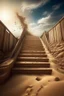 Placeholder: sand is crumbling from behind, walking down a long open staircase that goes into the sky, sand is flying, surrealism, stardust, fantastic, fantasy, hyper realism, realistic, 4000 k, iso 4064, hdr, 5 d, hyper detail, photorealistic painting, aesthetically pleasing, beautiful, professional photo, bright lighting, soft lighting, neon lighting, careful drawing down to small details, bright sparks, golden sand glows, ultrahd