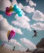 Placeholder: Ultra realistic speed clouds sky scene, wide angle view, sweet women falling down, inflatable color clothing, free jumping flying, many trinkets, hair monster, many jelly beans, balls, color smoke, smile, happy, circus style, extreme, wind, clouds sea, 20,000 feet altitude, stratosphere, soft color, highly detailed, unreal engine 5, ray tracing, RTX, lumen lighting, ultra detail, volumetric lighting, 3d, finely drawn, high definition, high resolution.