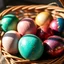 Placeholder: digital photograph of off-center modern basket colorful Easter eggs. eggs display intricate textures in azure, emerald, blush, crimson, sapphire, and gilded metallic hues. cinematic HDR backlighting highlights subtle dimples and glossy reflections, with shallow depth of field softening the sunlit background. hyperrealistic 8k resolution, rustic ambiance,