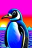 Placeholder: blue purple and white penguin looking towards the left front view background is a sunset matching the colours of the penguin cartoon/clipart more cartoon cuter make the black outline more bold